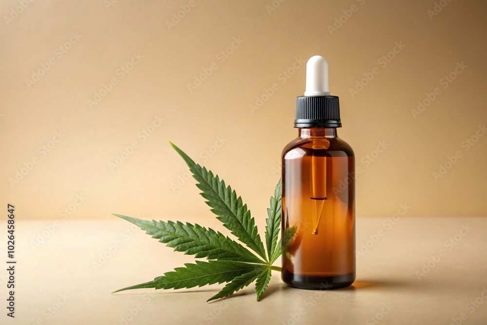 Panoramic view of trendy CBD oil bottle on beige background with space for text Panoramic view of trendy CBD oil bottle on beige background with space for text