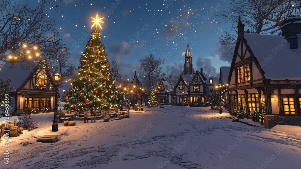 Festive Christmas Village Scene with Decorated Tree and Snow Covered Houses Festive Christmas Village Scene with Decorated Tree and Snow Covered Houses