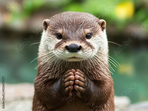 Otter with paws clasped, sitting by a stream, playful creature, gentle prayer