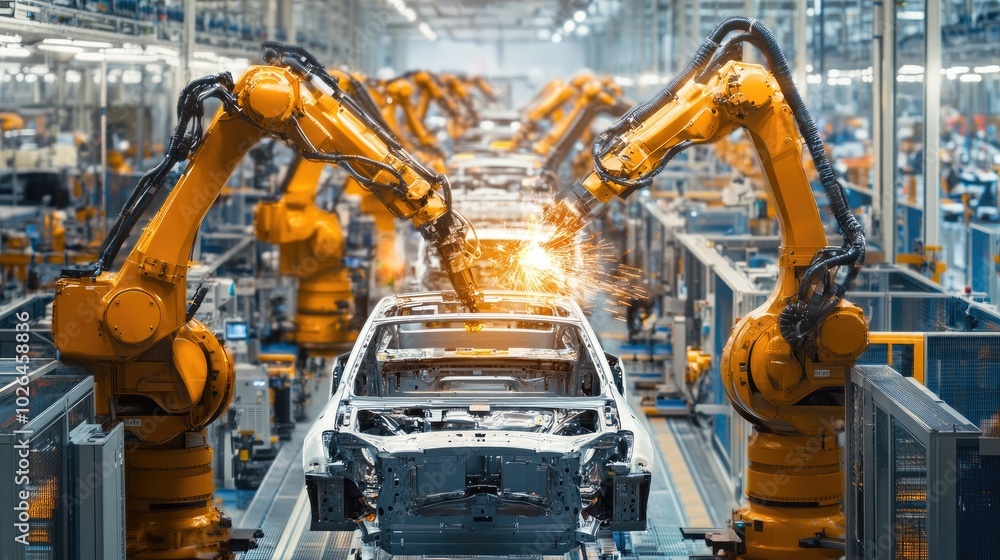 Robotic arms on an automotive assembly line manufacturing vehicles, demonstrating automation and cutting-edge technology Robotic arms on an automotive assembly line manufacturing vehicles, demonstrating automation and cutting-edge technology