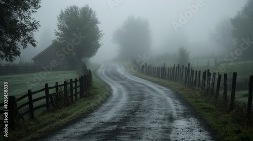 Winding country road through a misty field with a wooden fence on the left, leading to a house in the distance.