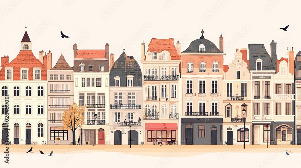 Fototapeta premium A charming row of colorful buildings with varied architectural styles and autumn elements.