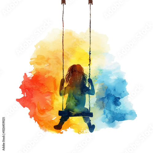 abstract color silhouette of kid on swing vector illustration in watercolor style