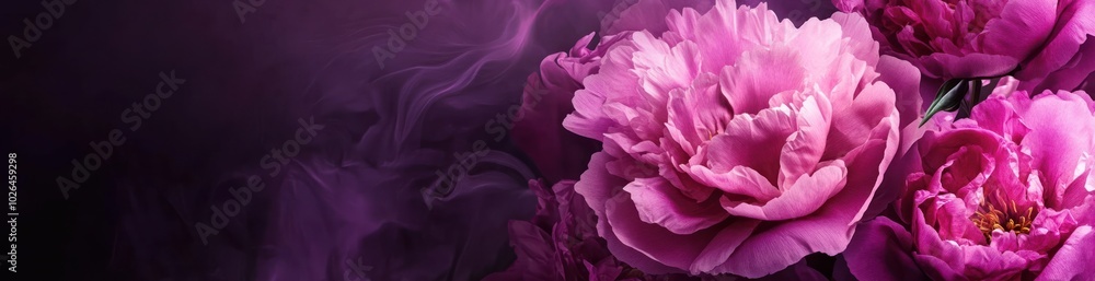 A vibrant arrangement of pink peonies against a dark, smoky background. A vibrant arrangement of pink peonies against a dark, smoky background.