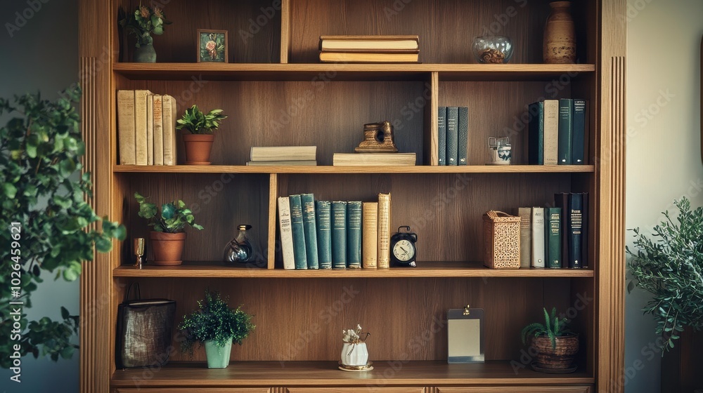Stylish wooden bookshelf with plants and books Stylish wooden bookshelf with plants and books