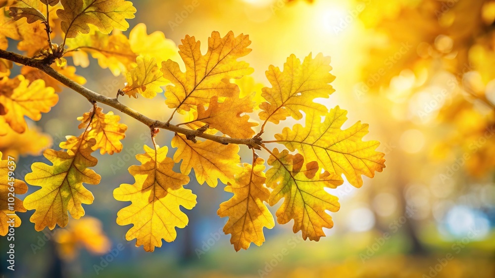 Panoramic view of yellow shiny oak leaves in sunlight macro Panoramic view of yellow shiny oak leaves in sunlight macro