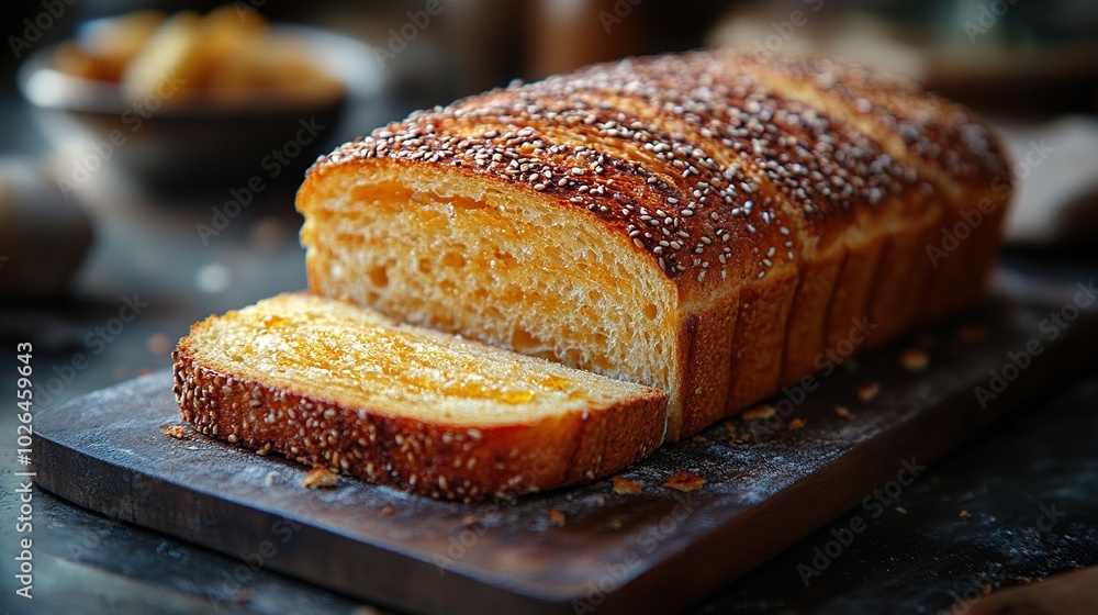 Golden Loaf of Bread Sliced on Dark Cutting Board Golden Loaf of Bread Sliced on Dark Cutting Board