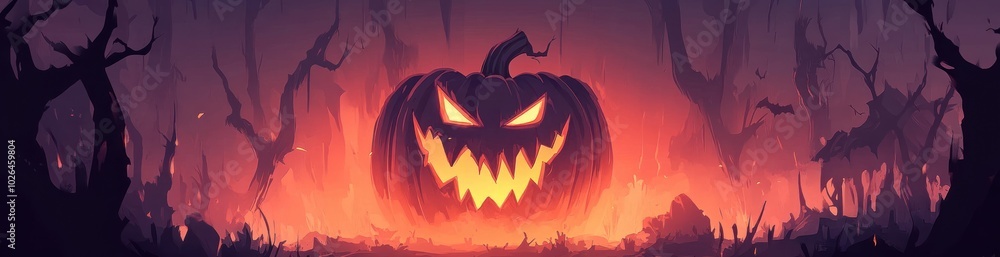Naklejka premium A spooky Halloween scene featuring a menacing pumpkin against a dark, eerie backdrop.