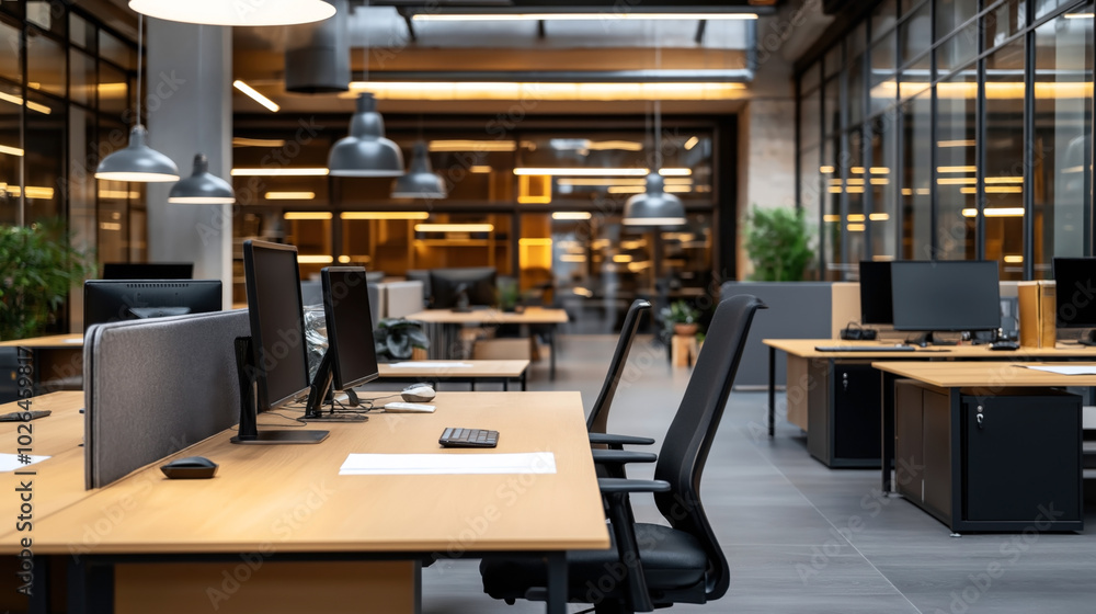 Modern open-plan office with multiple workstations, computers, and ergonomic chairs, featuring glass walls and industrial-style lighting and decor. Modern open-plan office with multiple workstations, computers, and ergonomic chairs, featuring glass walls and industrial-style lighting and decor.