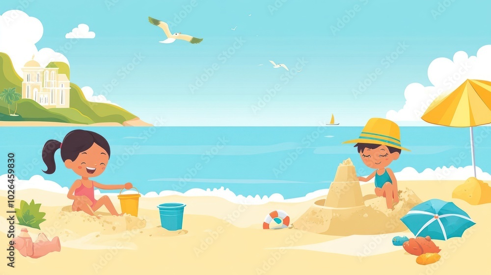 Two children enjoy a sunny beach day, building sandcastles and playing by the water. Two children enjoy a sunny beach day, building sandcastles and playing by the water.
