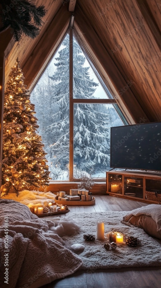 A cozy living room with a Christmas tree and a fireplace A cozy living room with a Christmas tree and a fireplace