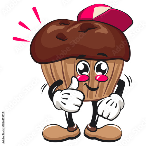 kawaii cartoon chocolate muffin with chocolate chip character mascot isolated vector illustration wearing a baseball cap while giving a thumbs up, work of hand drawn
