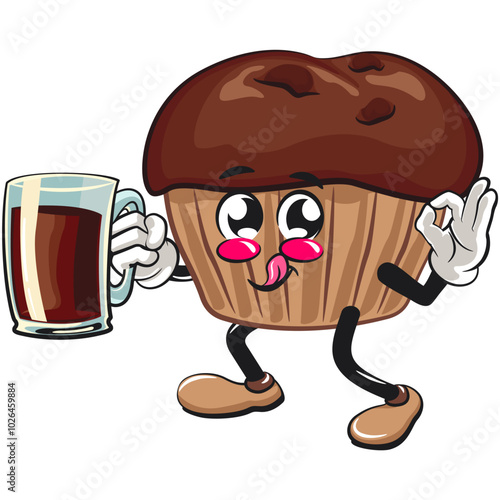 kawaii cartoon chocolate muffin with chocolate chip character mascot isolated vector illustration carrying a large glass of chocolate, work of hand drawn