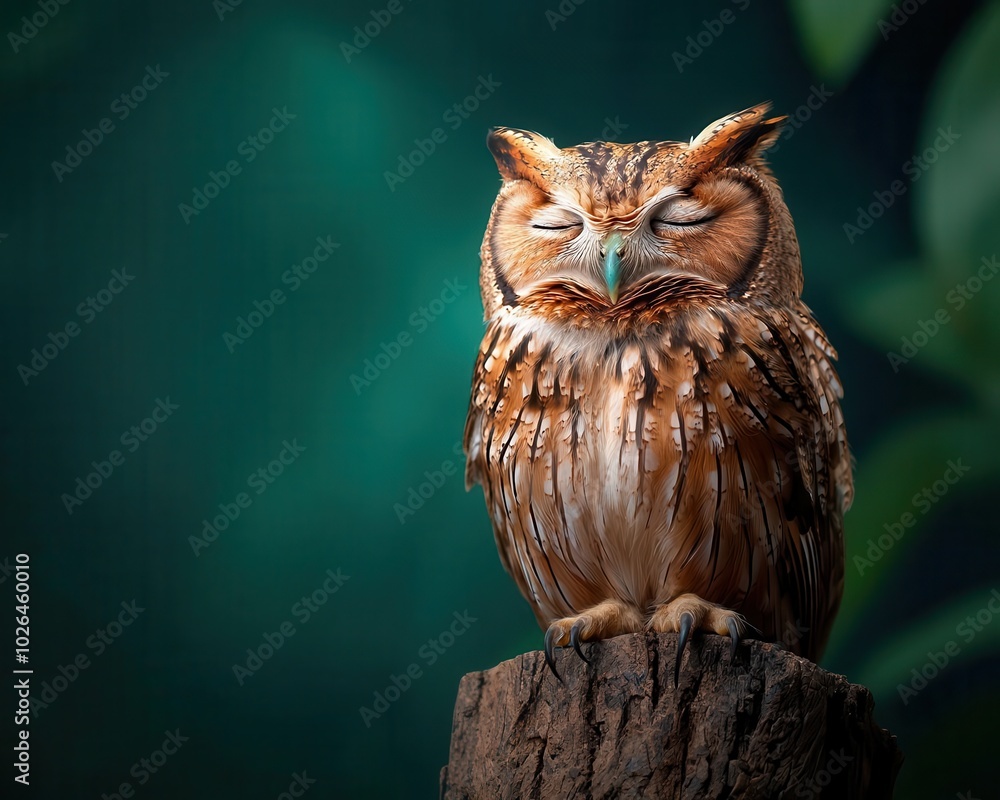 Owl with wings folded, perched in a tree, eyes closed, nocturnal bird, moonlit prayer Owl with wings folded, perched in a tree, eyes closed, nocturnal bird, moonlit prayer