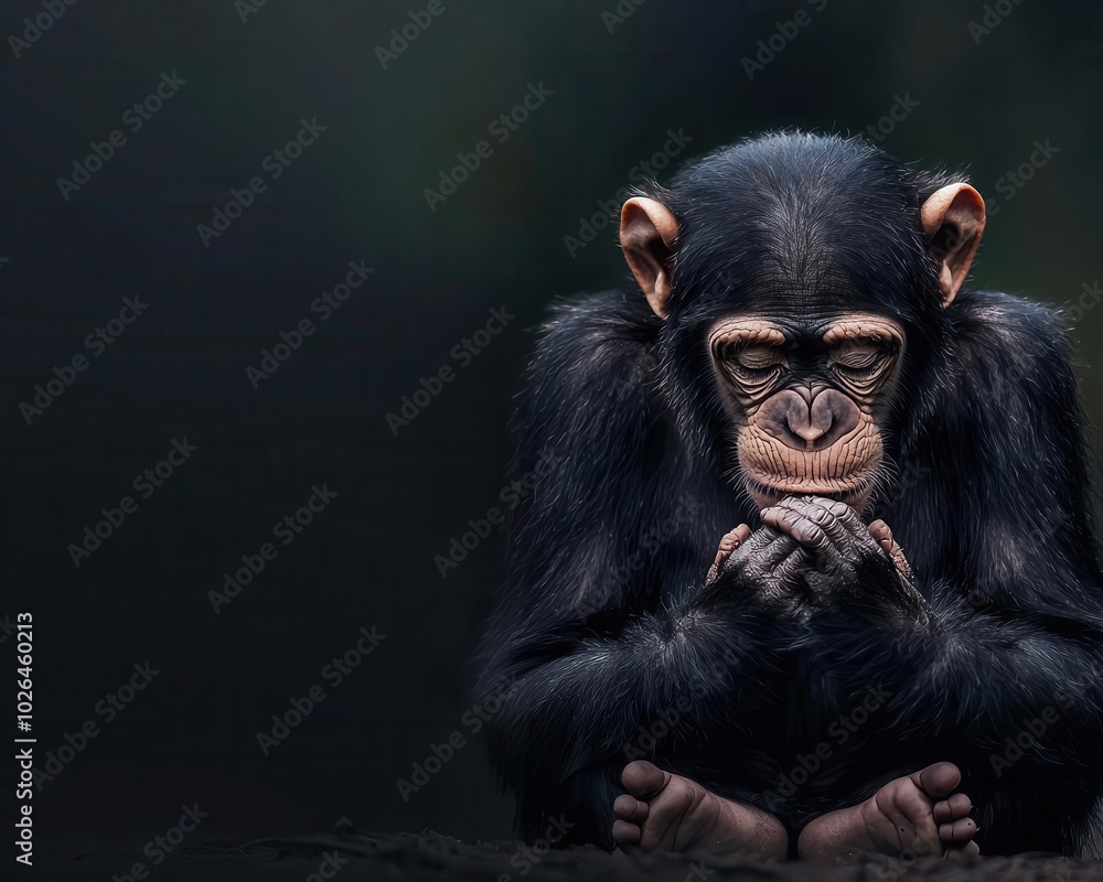 Chimpanzee with paws together, sitting in a jungle, eyes closed, intelligent primate, silent prayer Chimpanzee with paws together, sitting in a jungle, eyes closed, intelligent primate, silent prayer
