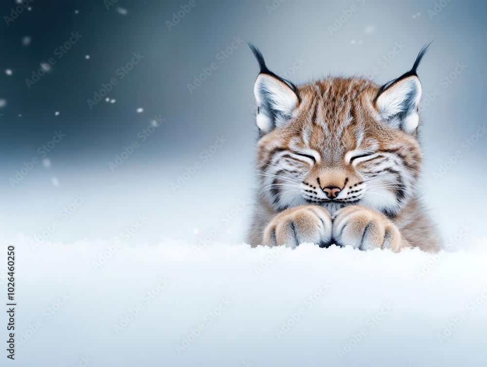 Lynx with paws together, sitting in the snow, eyes closed, majestic cat, winter prayer Lynx with paws together, sitting in the snow, eyes closed, majestic cat, winter prayer