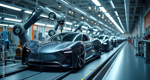 A futuristic automotive production line where precision robotic arms are skillfully assembling sleek electric vehicles