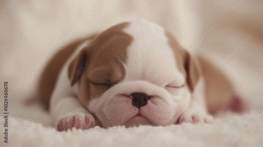 Adorable newborn bulldog puppy sleeps peacefully at home, showcasing the irresistible charm of pets. Adorable newborn bulldog puppy sleeps peacefully at home, showcasing the irresistible charm of pets.