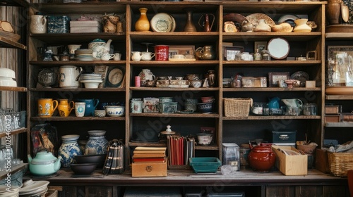 Wallpaper Mural Thrift store shelves filled with vintage household items, promoting an eco-conscious lifestyle by selling second-hand treasures Torontodigital.ca