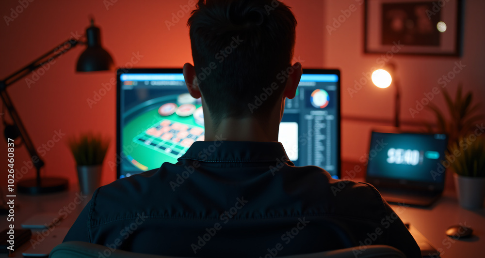 A back view focused man sitting comfortably at his home desk, engaged in an online casino game on his laptop A back view focused man sitting comfortably at his home desk, engaged in an online casino game on his laptop