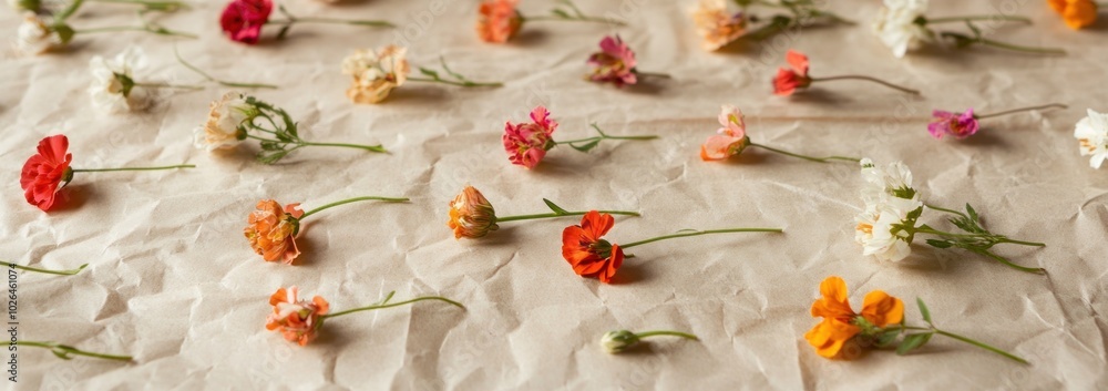 A flat lay of colorful flowers on crumpled paper, showcasing their beauty and variety. A flat lay of colorful flowers on crumpled paper, showcasing their beauty and variety.
