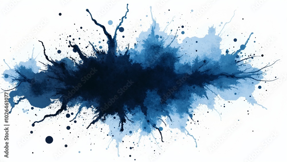 Dynamic ink splatter in rich blue and black hues on white background Dynamic ink splatter in rich blue and black hues on white background