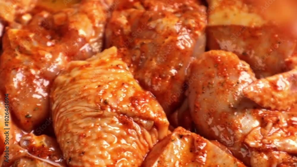 Raw chicken Marinated in dish close view Raw chicken Marinated in dish close view