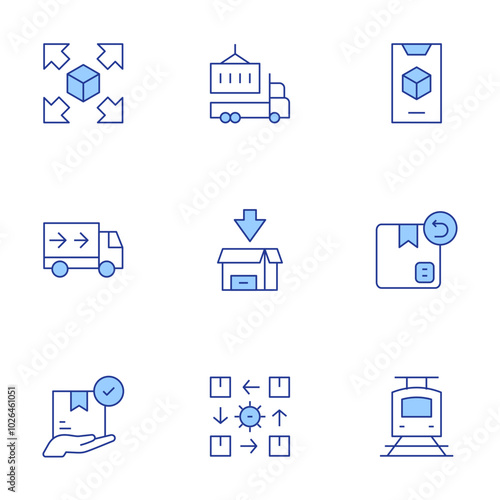 Logistics icons set. Line Duotone style, editable stroke. truck, app, return, train, extendable, delivery box, rotation