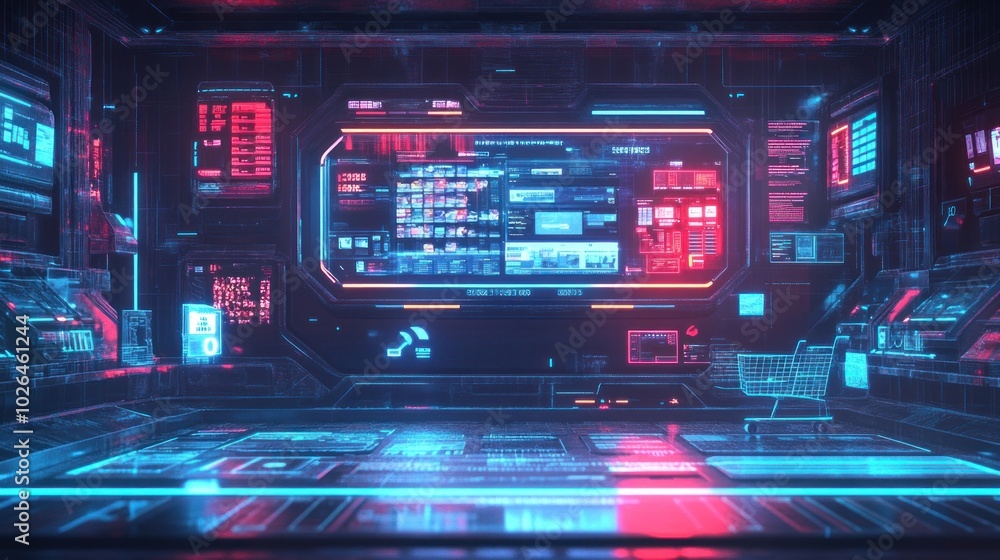 A futuristic digital workspace featuring holographic displays and neon lighting. A futuristic digital workspace featuring holographic displays and neon lighting.