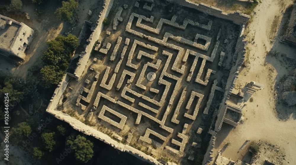Aerial shot of a maze made of stone, showcasing its mysterious and complex design, with a bird-eye view of its pathways.