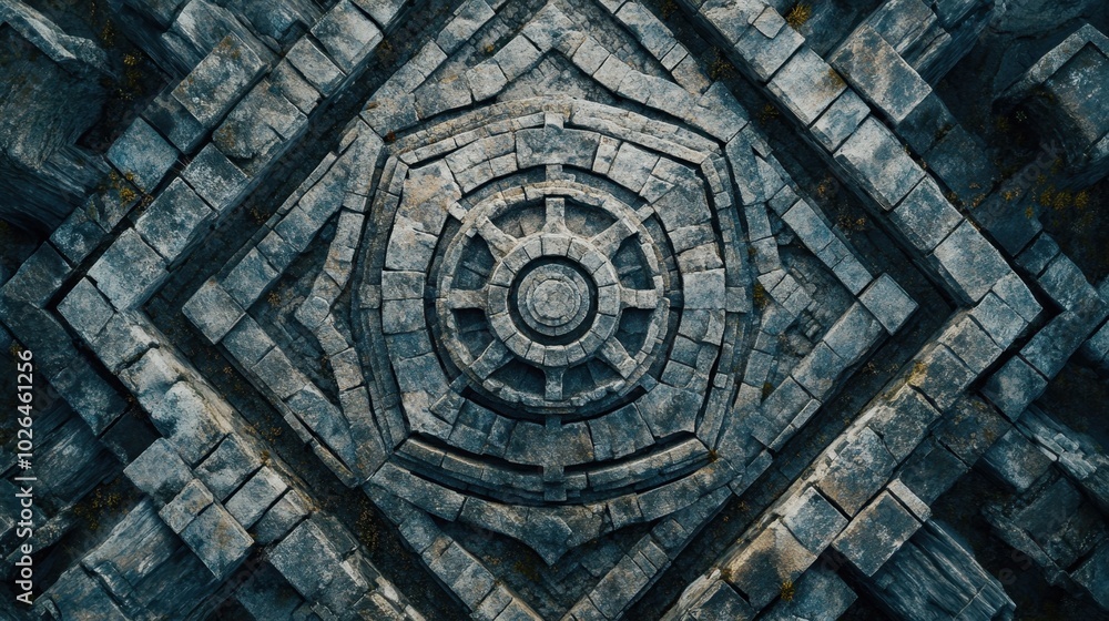 Obraz premium Aerial shot of a maze made of stone, showcasing its mysterious and complex design, with a bird-eye view of its pathways.