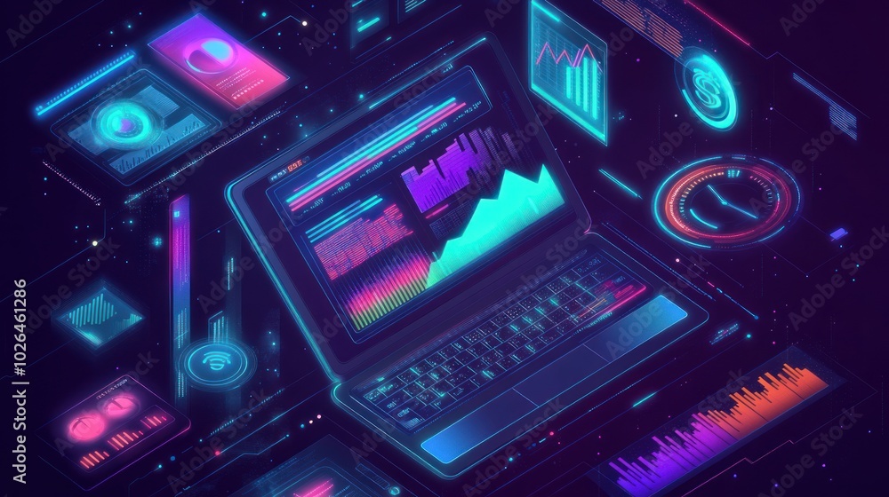 A digital workspace showcasing data visualizations and analytics on a laptop. A digital workspace showcasing data visualizations and analytics on a laptop.