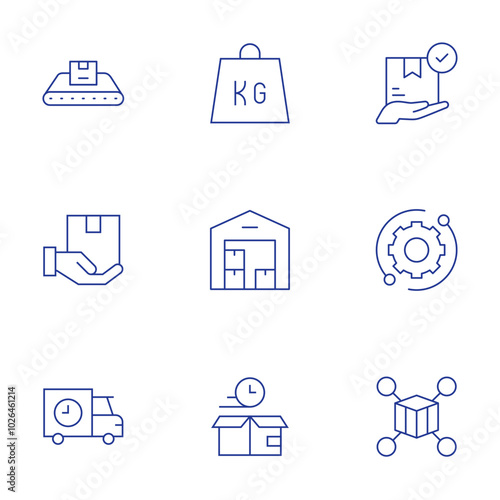 Logistics icons set. Thin Line style, editable stroke. delivery truck, timer, distribution, pick, warehouse, technical support, weight, delivery box, conveyor