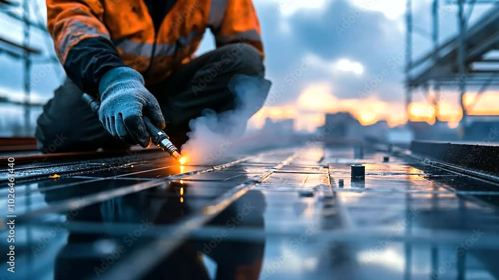 A close-up view of a worker’s hands using a blowtorch to seal the edges of a bitumen membrane, smoke gently rising into the air, with the structured rooftop A close-up view of a worker’s hands using a blowtorch to seal the edges of a bitumen membrane, smoke gently rising into the air, with the structured rooftop
