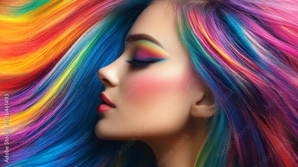 A woman with rainbow colored hair and makeup A woman with rainbow colored hair and makeup