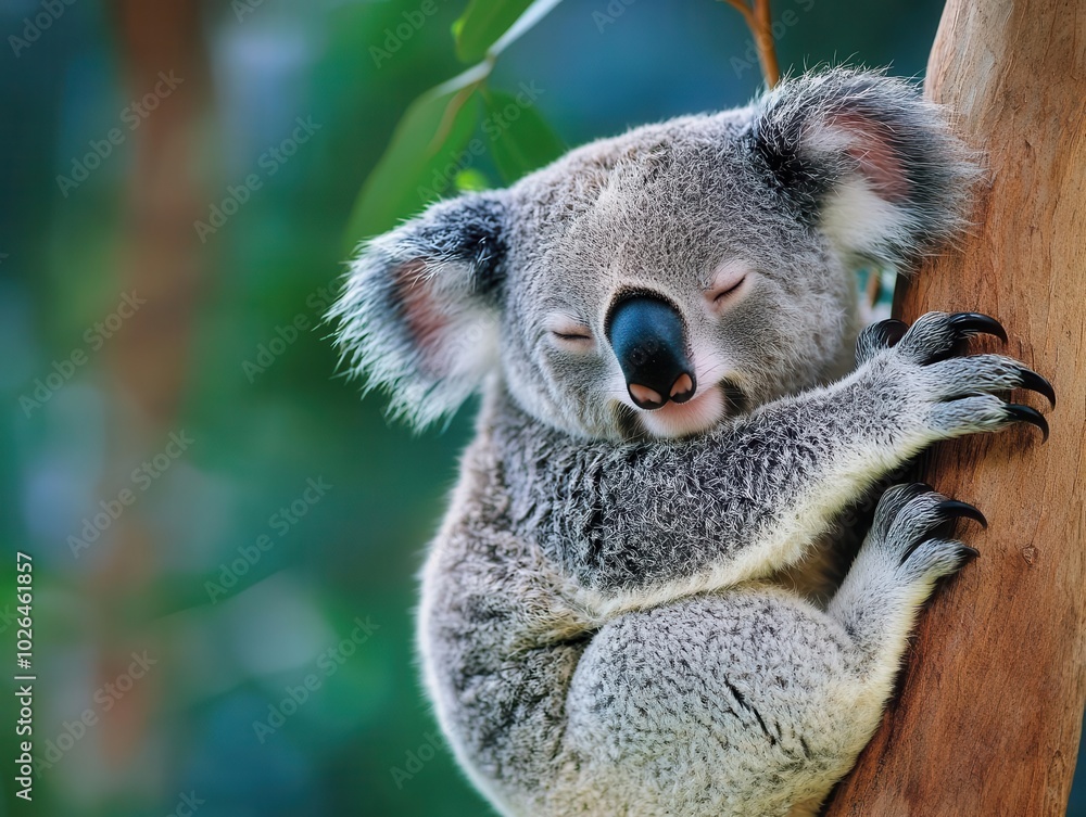 Naklejka premium Koala on a eucalyptus branch, paws clasped, eyes closed, calm creature, forest prayer