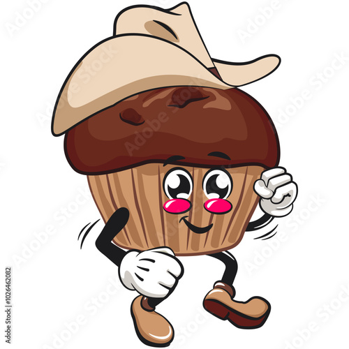 kawaii cartoon chocolate muffin with chocolate chip character mascot isolated vector illustration wearing a cowboy hat walking calmly, work of hand drawn