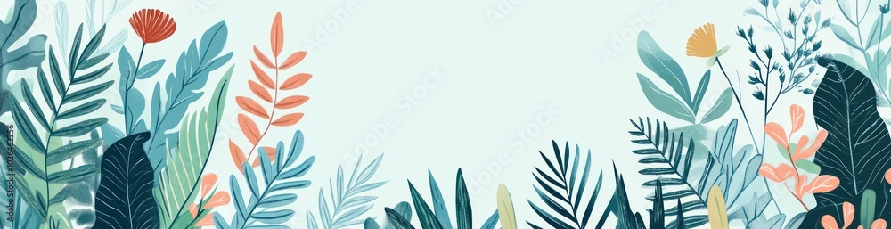 Fototapeta premium A colorful arrangement of various tropical leaves and flowers on a light background.