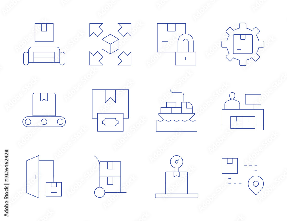 Logistics icons. Thin Line style, editable stroke. weighing scale, logistics, conveyor belt, logistic, delivery, shipping, freight, extendable, cash on delivery, trolley, padlock Logistics icons. Thin Line style, editable stroke. weighing scale, logistics, conveyor belt, logistic, delivery, shipping, freight, extendable, cash on delivery, trolley, padlock