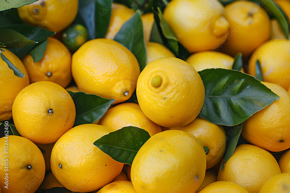 Pile of fresh lemons with green leaves at a market stall generative ai Pile of fresh lemons with green leaves at a market stall generative ai