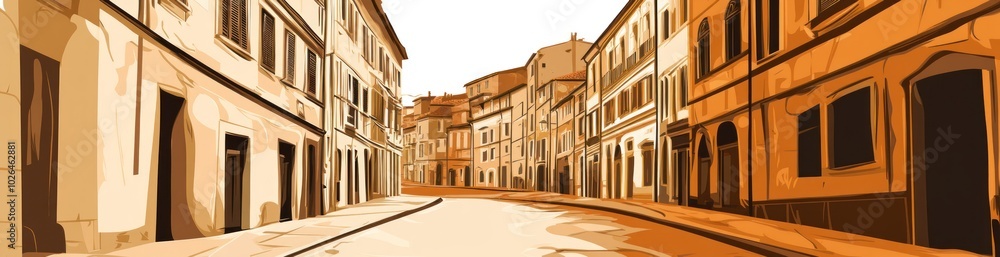 A stylized illustration of a quaint, empty street lined with buildings in warm tones. A stylized illustration of a quaint, empty street lined with buildings in warm tones.
