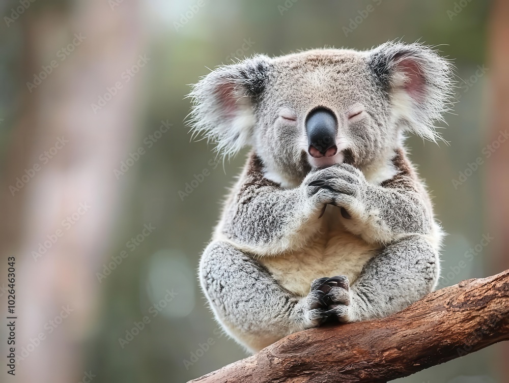 Fototapeta premium Koala on a eucalyptus branch, paws clasped, eyes closed, calm creature, forest prayer