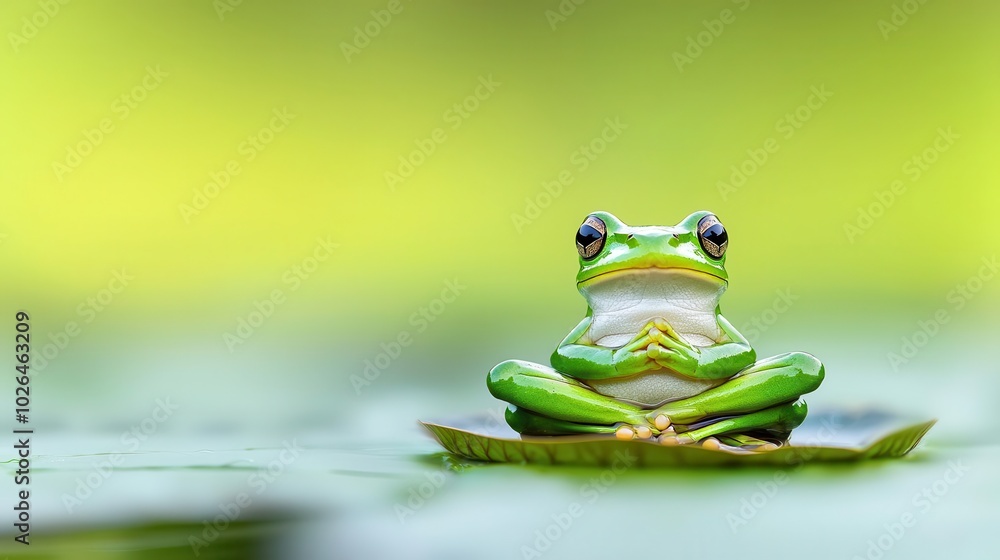 Frog on a lily pad, front legs clasped, eyes closed, small creature, pond meditation Frog on a lily pad, front legs clasped, eyes closed, small creature, pond meditation