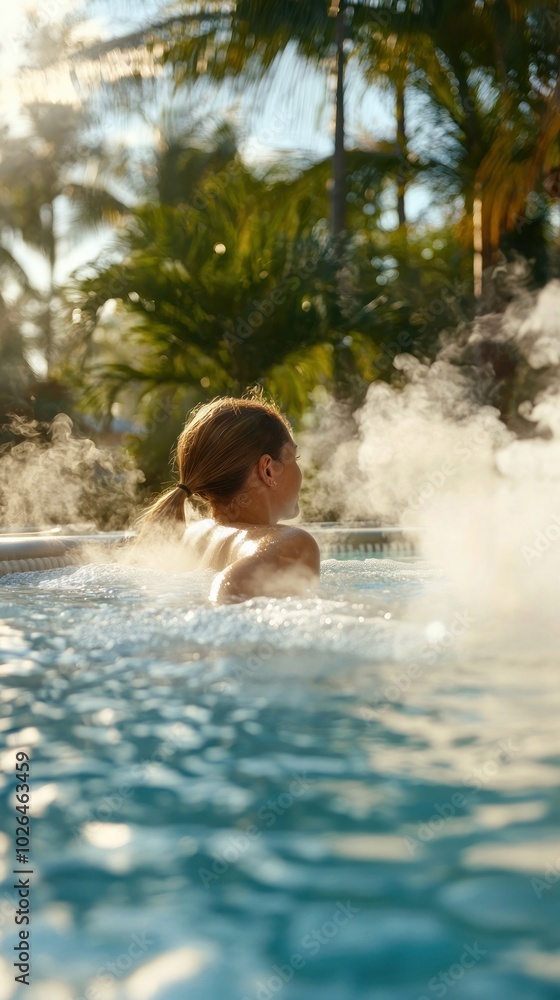 Fototapeta premium A serene scene of a person enjoying a relaxing soak in a warm pool surrounded by lush greenery and rising steam.