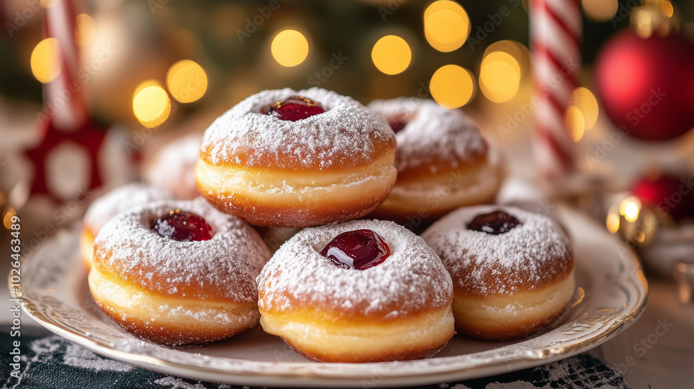 Delicious Hanukkah donuts with jam and powdered sugar on festive plate Delicious Hanukkah donuts with jam and powdered sugar on festive plate