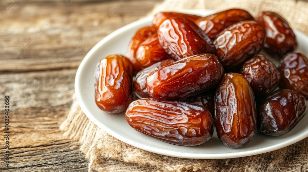 A Close-Up View of a Plate of Dates on a Wooden Surface A Close-Up View of a Plate of Dates on a Wooden Surface