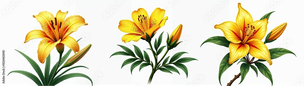 Three Yellow Lilies with Buds. Three Yellow Lilies with Buds.