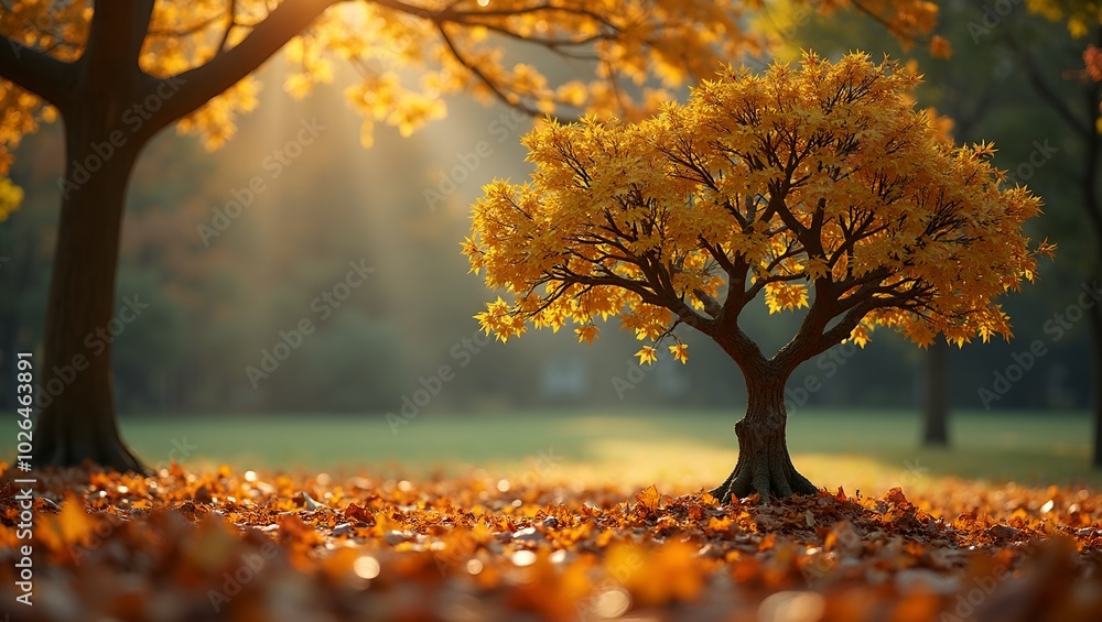 Vibrant oak tree in autumn forest with golden sunlight filtering through branches Vibrant oak tree in autumn forest with golden sunlight filtering through branches
