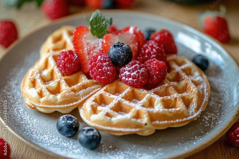 A delicious breakfast or brunch option, this image features a plate of crispy waffles topped with fresh berries and a sprinkle of powdered sugar A delicious breakfast or brunch option, this image features a plate of crispy waffles topped with fresh berries and a sprinkle of powdered sugar