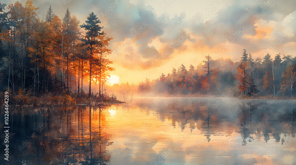 Serene Watercolor Lake with Reflections at Sunset Serene Watercolor Lake with Reflections at Sunset